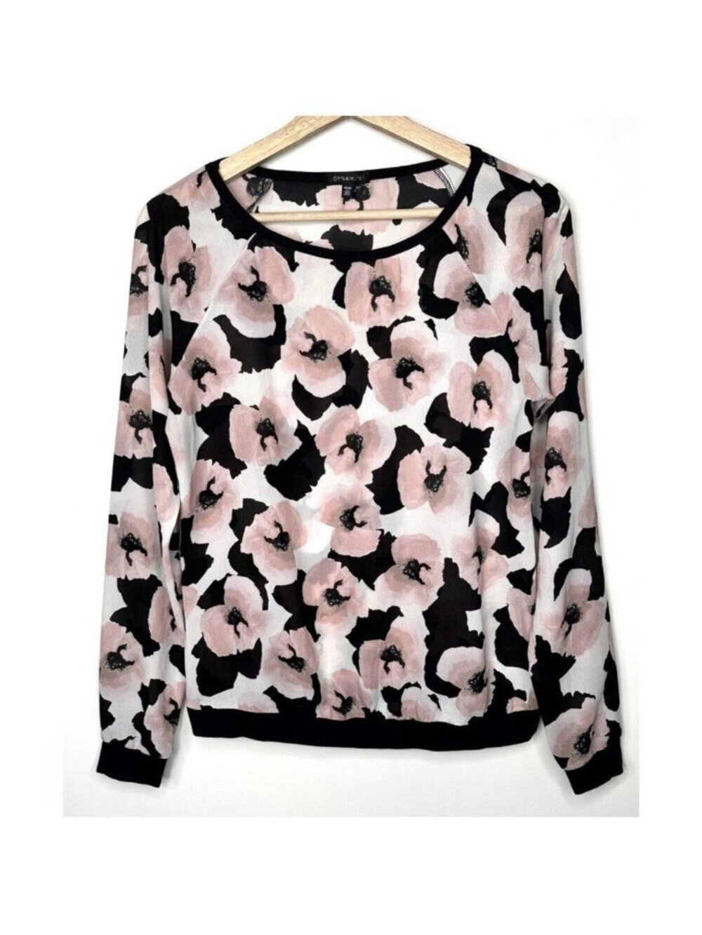 Dynamite Sheer Floral Blouse Womens XS Pink Black Long Sleeve Chiffon Top